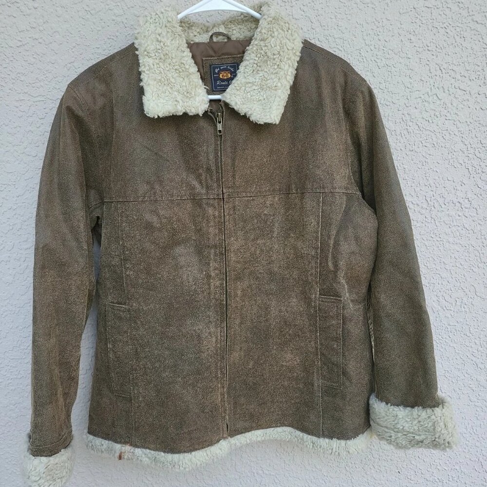 Route 66 Men's Dark Brown Leather Faux Fur Jacket Coat XL